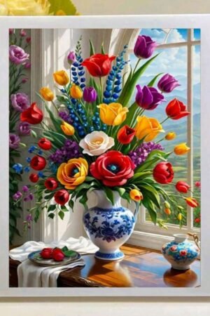 Diamond Painting Kit: لوحة دياموند بينتينج فازة ورد ملون - DIY Craft Kit 30*40