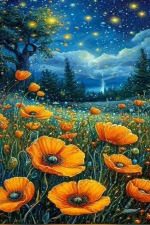 Orange Flowers Under Starry Night - DIY Craft Project 30*40