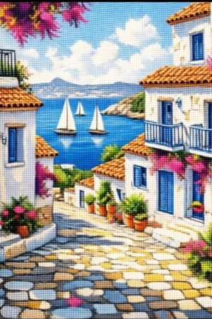 Mediterranean Seaside Town Landscape Cross Stitch DIY Kit, 11CT Printed Grid