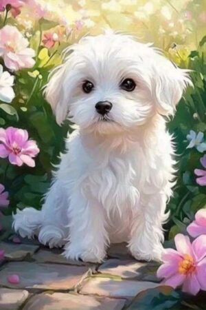 White Dog Garden Scene  40*40